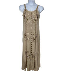 L Pogee Maxi Dress Free Size Flowy Sleeveless Embroidered Tan